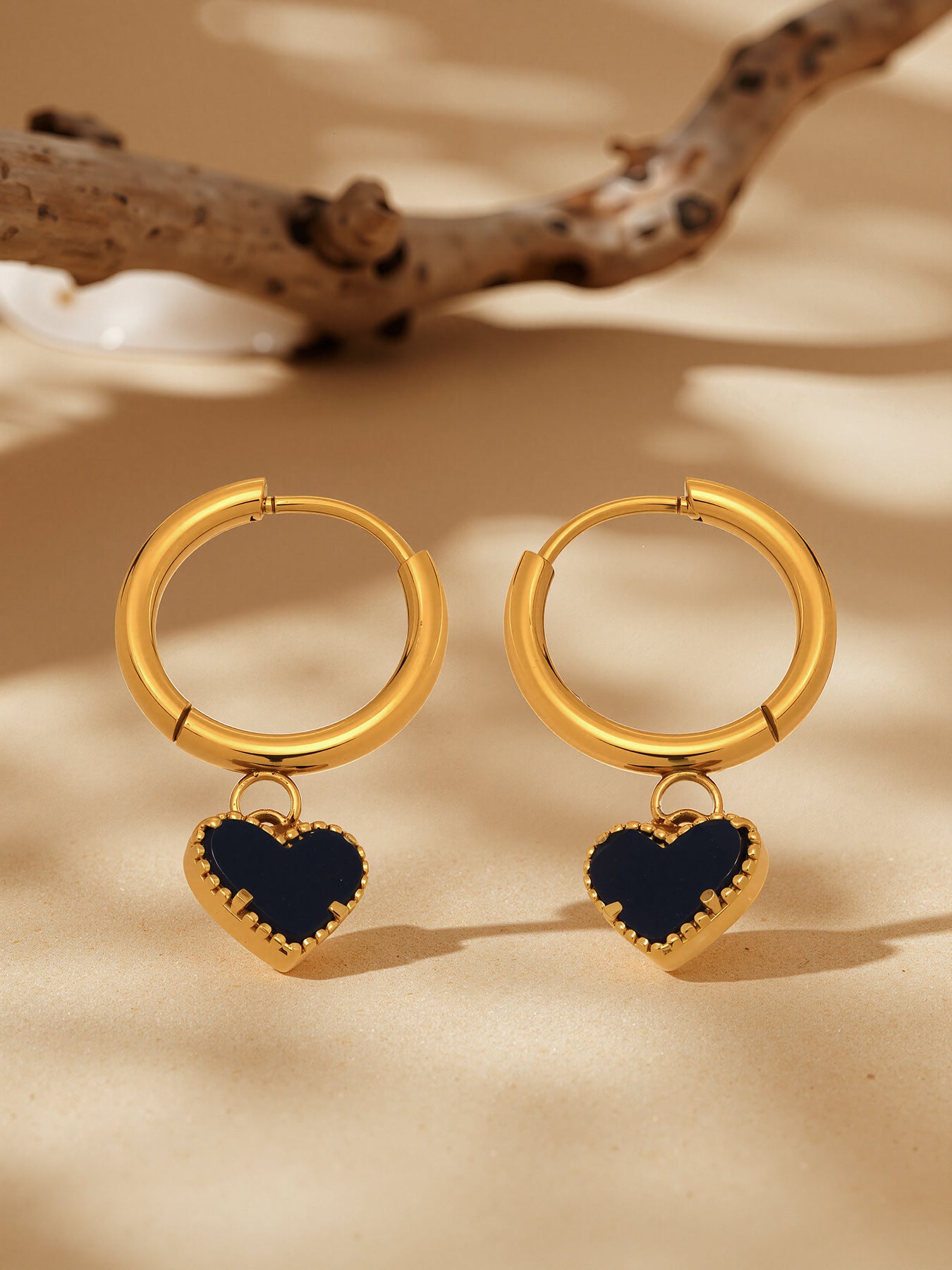 Black Agate Heart Hoop Earrings
