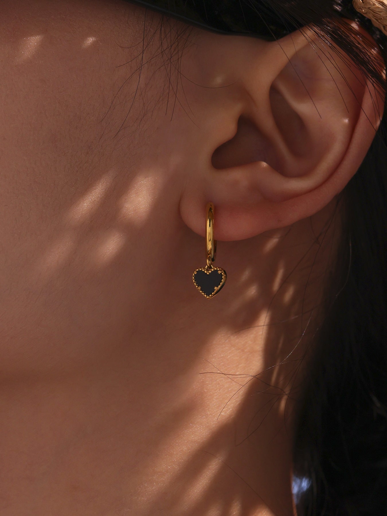 Black Agate Heart Hoop Earrings