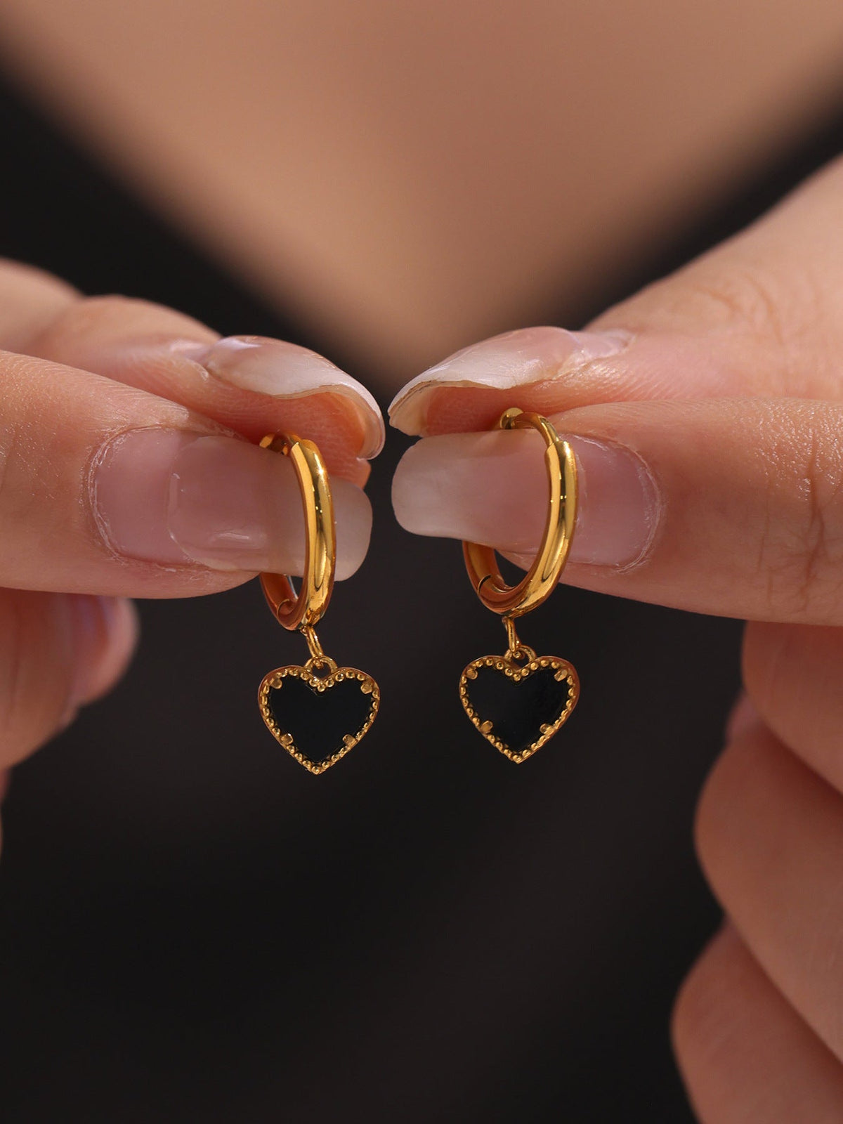 Black Agate Heart Hoop Earrings - Moonix