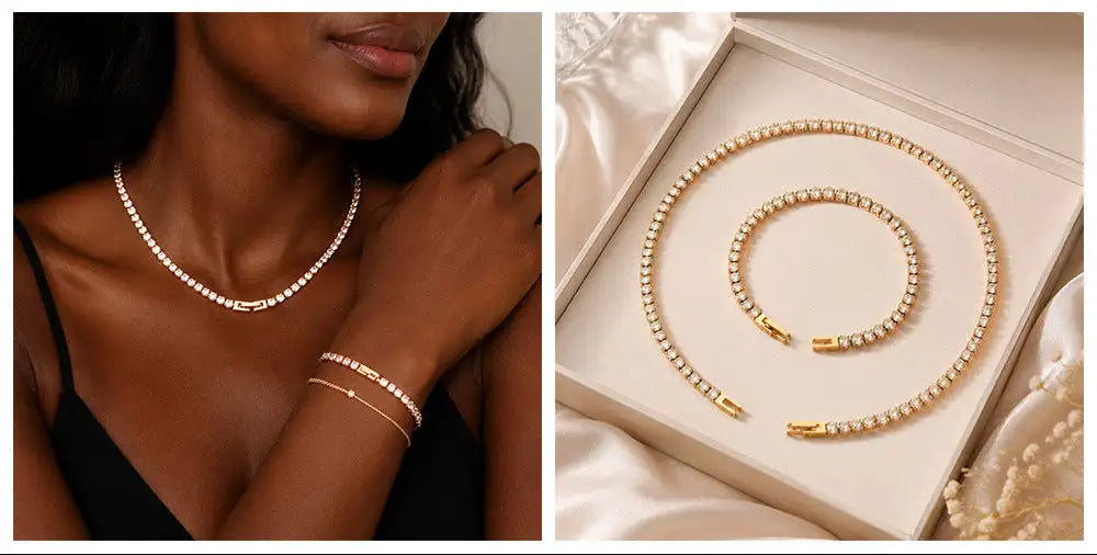 Gold-tone tennis necklace and matching bracelet set adorned with sparkling clear stones.