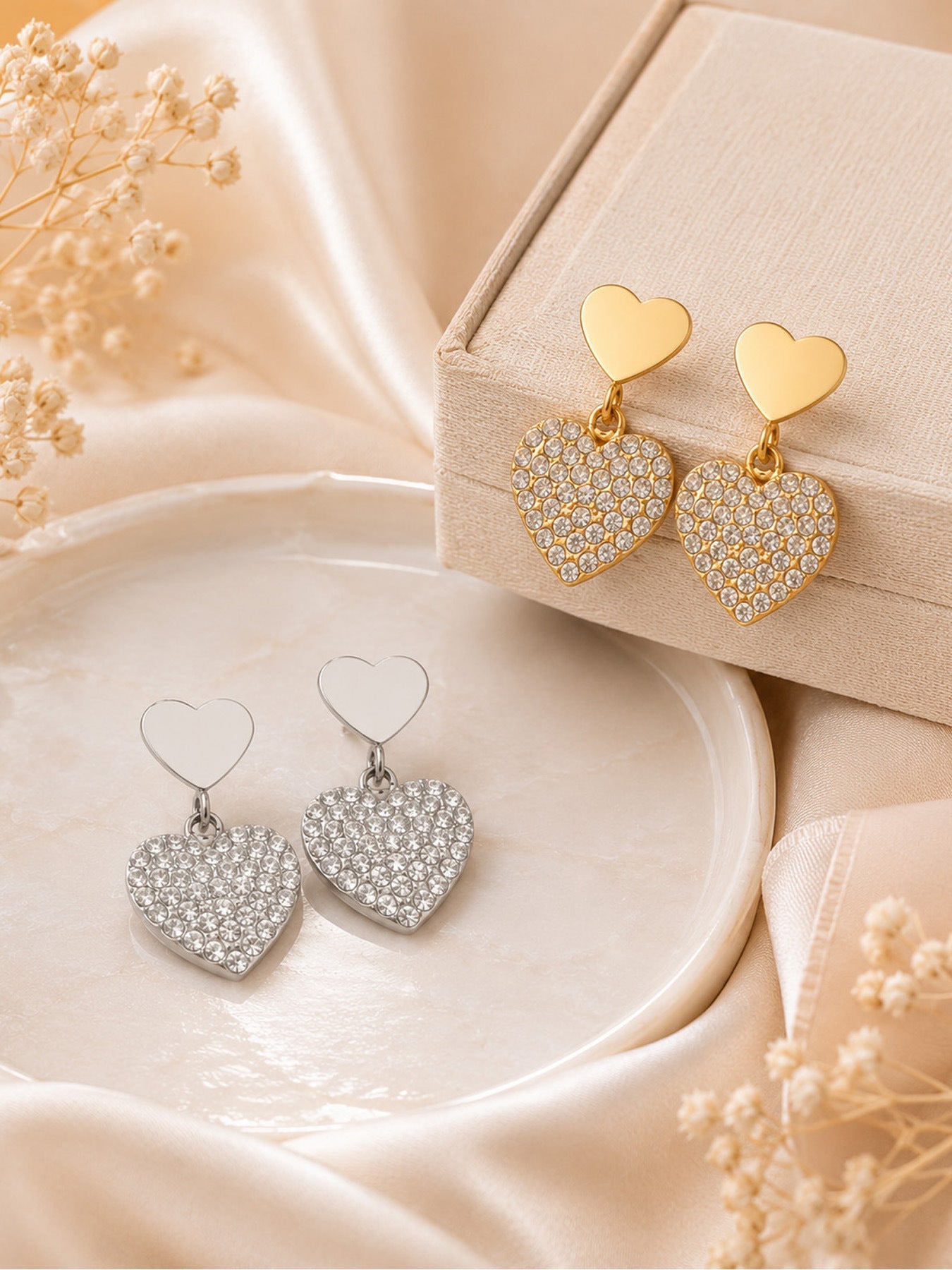 Pavé Double Heart Drop Earrings - Moonix