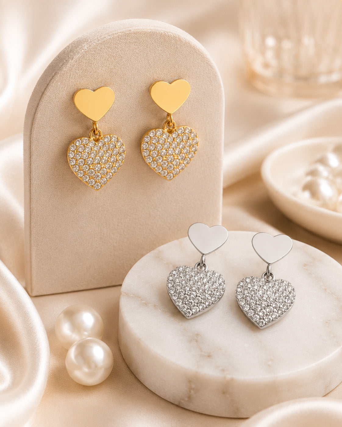 Pavé Double Heart Drop Earrings - Moonix