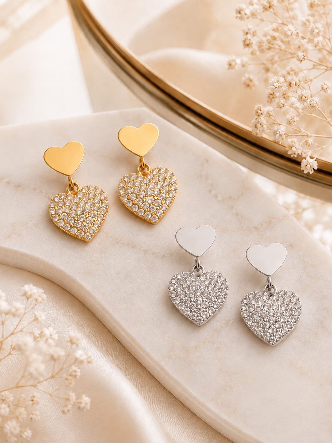 Pavé Double Heart Drop Earrings - Moonix