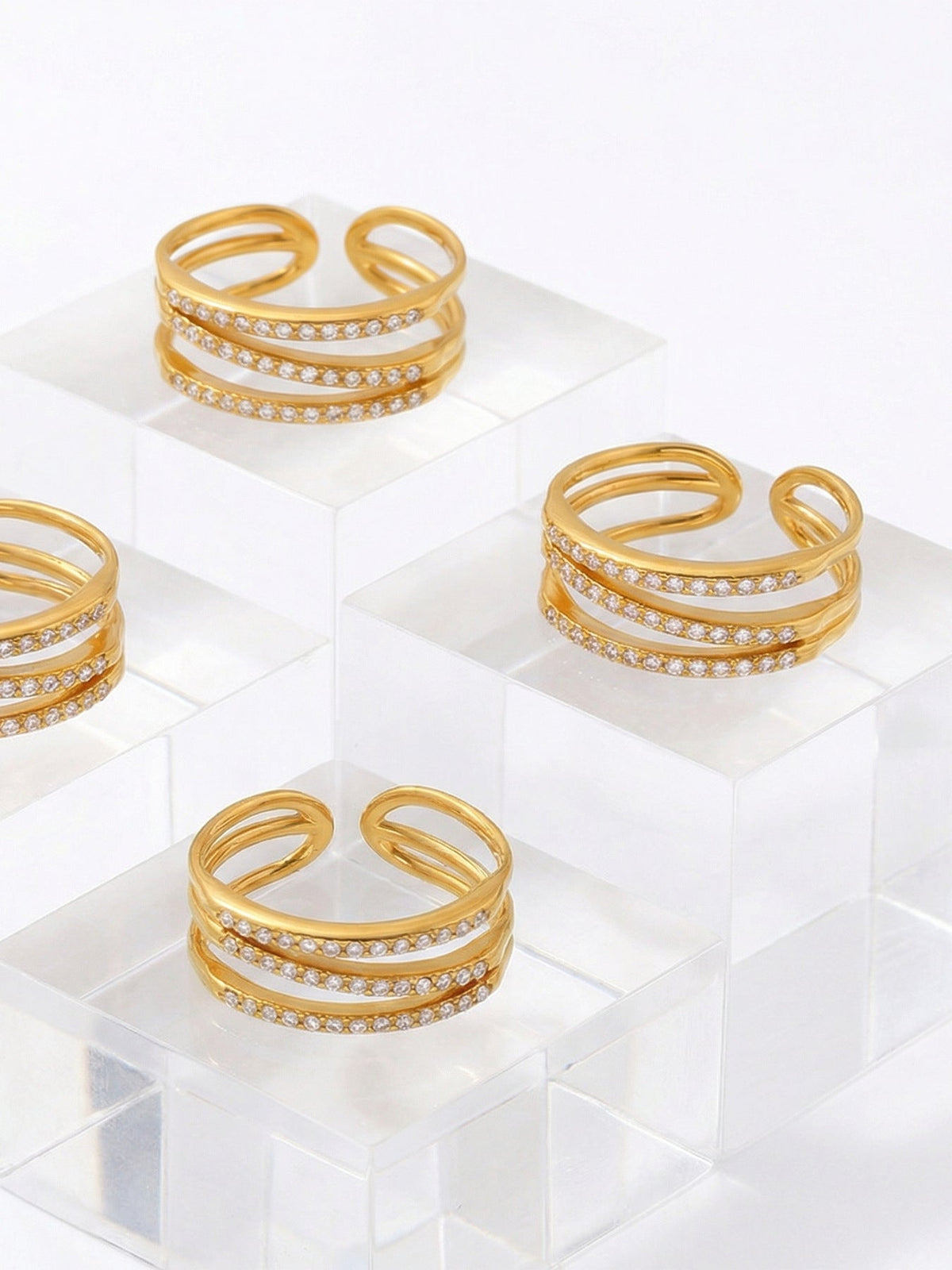 Triple Pavé Zircon Open Cuff Ring - Moonix
