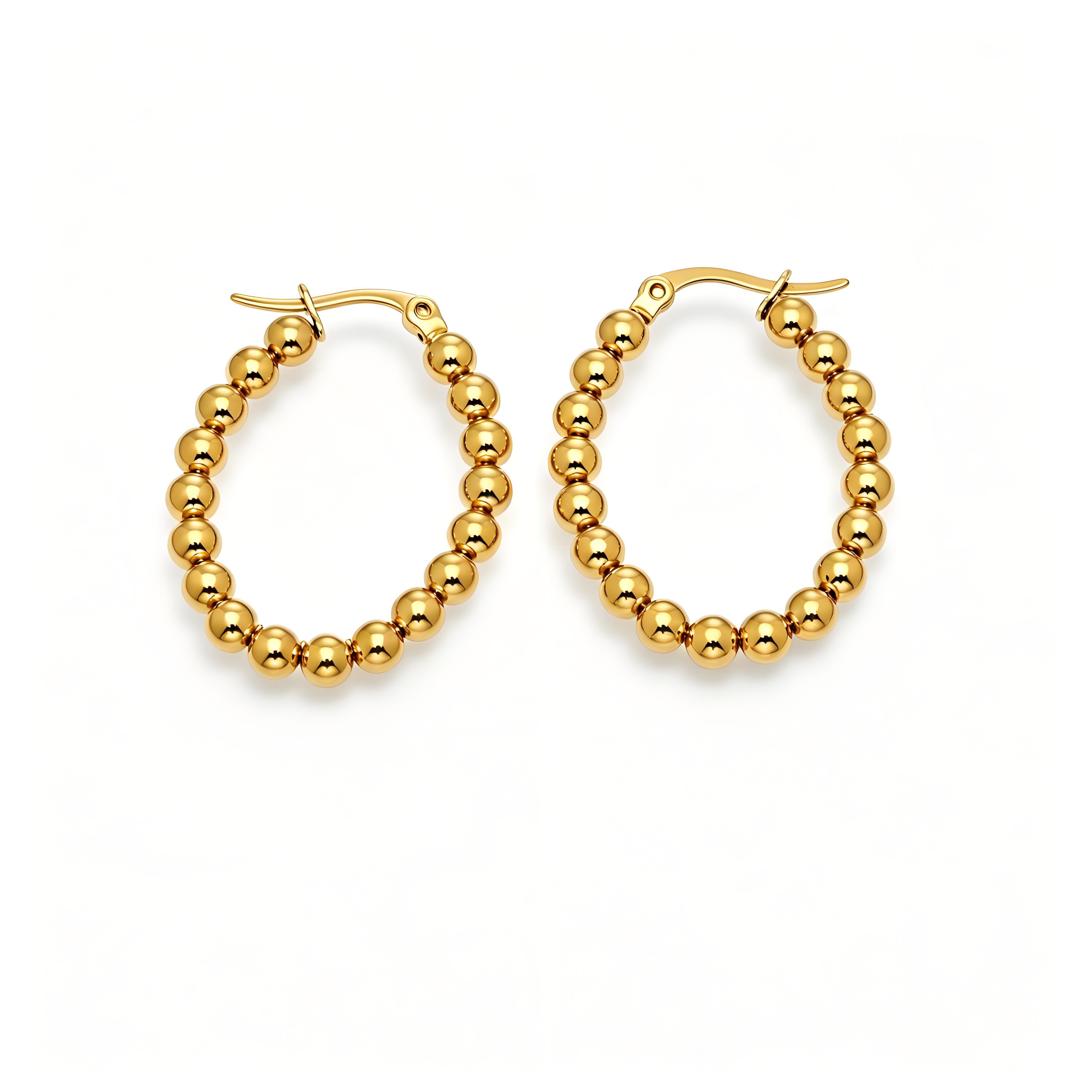 Golden Bead Oval Hoop Earrings