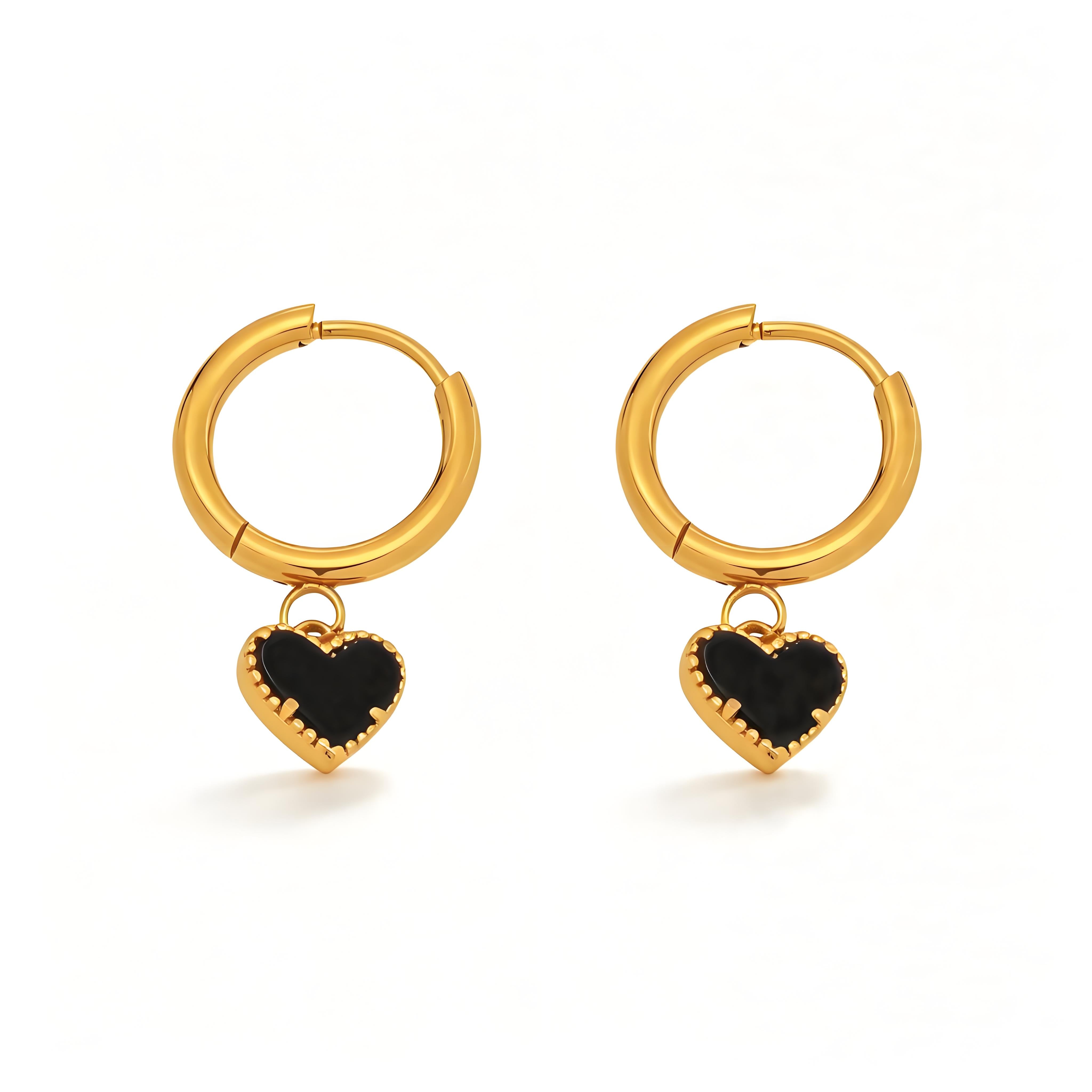 Black Agate Heart Hoop Earrings - Moonix
