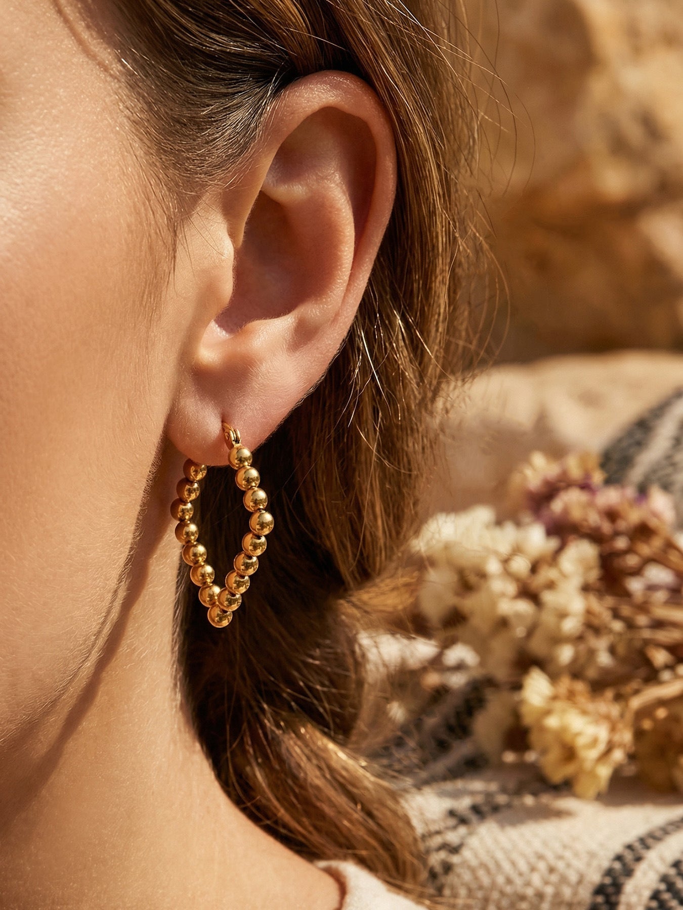 Golden Bead Heart Hoop Earrings - Moonix