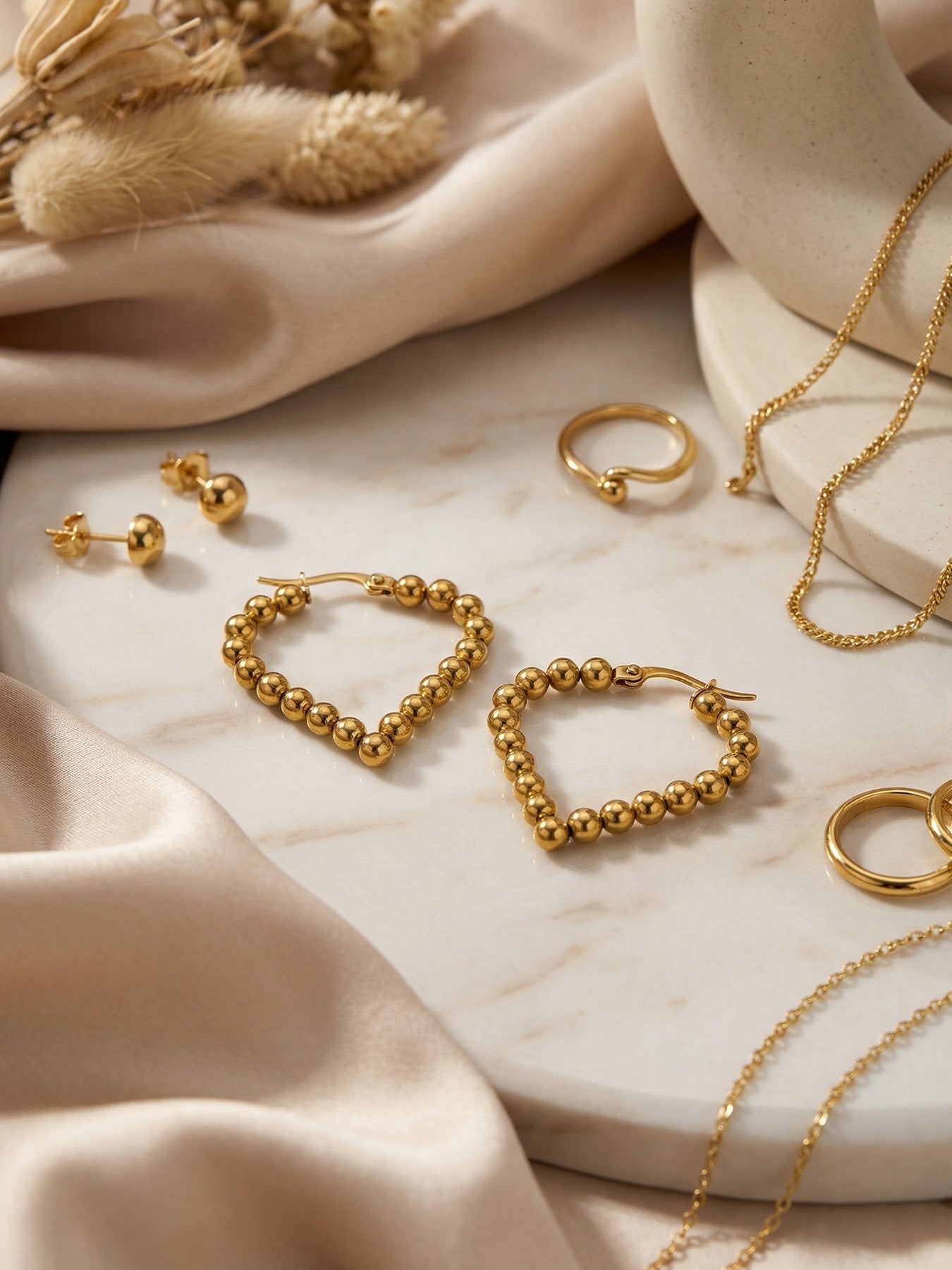 Golden Bead Heart Hoop Earrings - Moonix