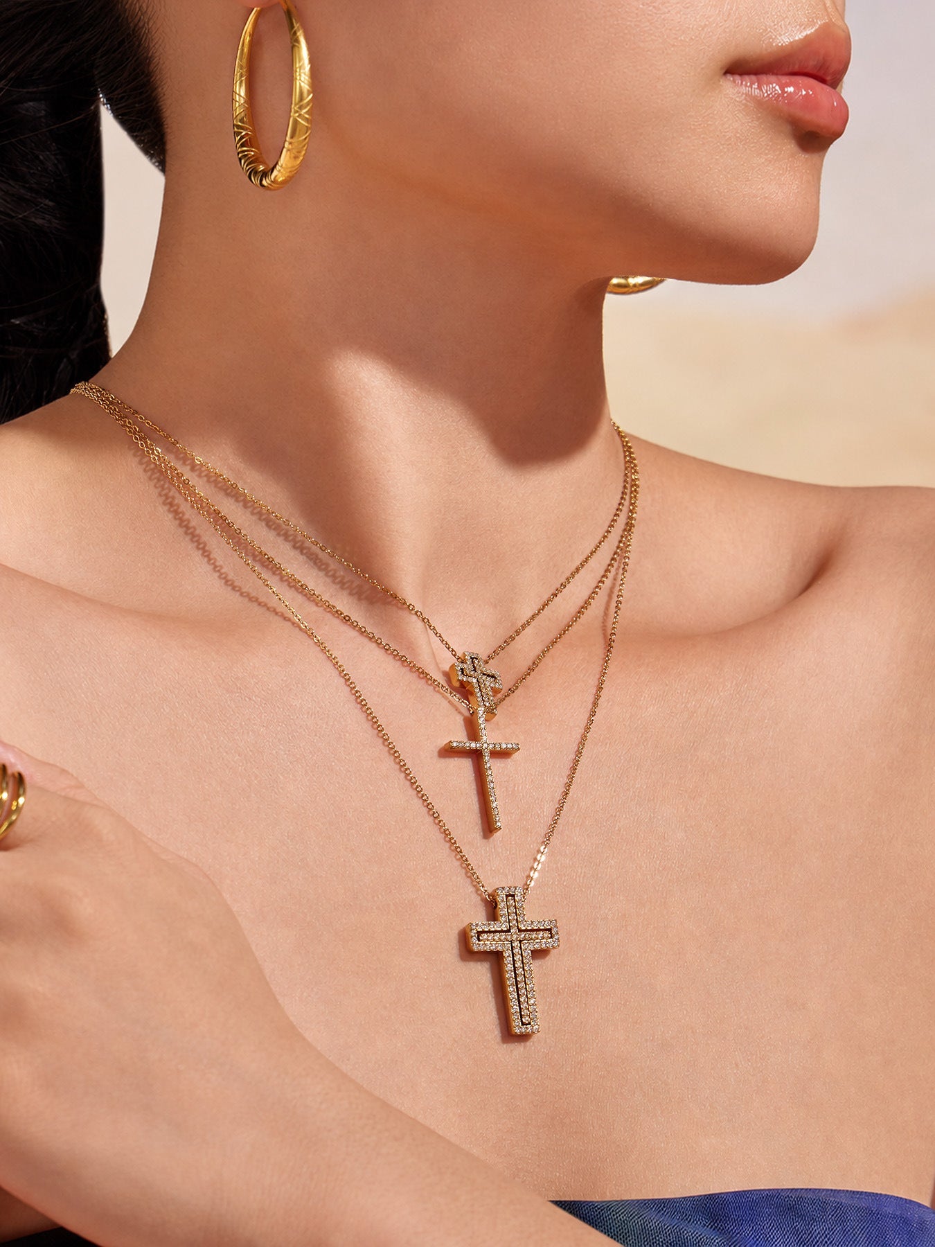 Y-Layer Tiny Cross Bead Lariat Necklace - Moonix