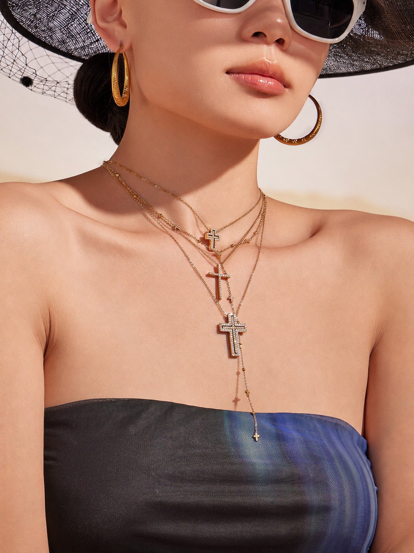 Y-Layer Tiny Cross Bead Lariat Necklace - Moonix