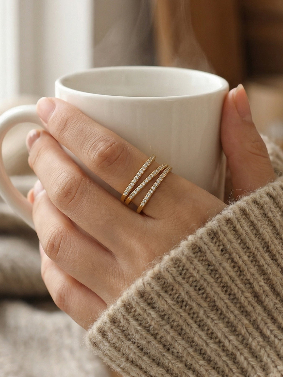 Triple Pavé Zircon Open Cuff Ring - Moonix